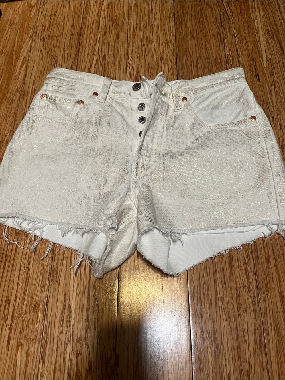 Levi's White With Gold shimmer Distressed Denim Cutoff Shorts